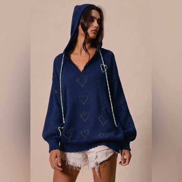 &merci Sweaters - &Merci Navy Heart Knit V-Neck Hoodie Sweater Size M